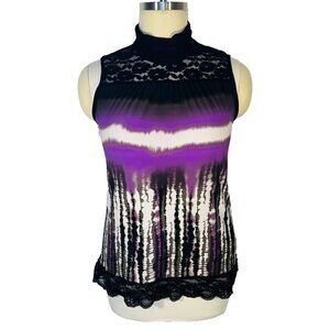 New Directions - Women's L Tank Top Mock Neck Black Lace Trim Purple Tie Dye